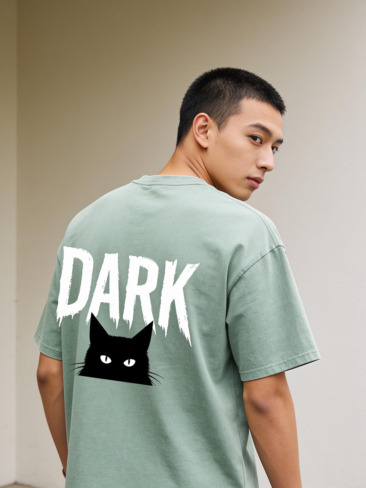 Black Cat Back Print Tee — Bean Green