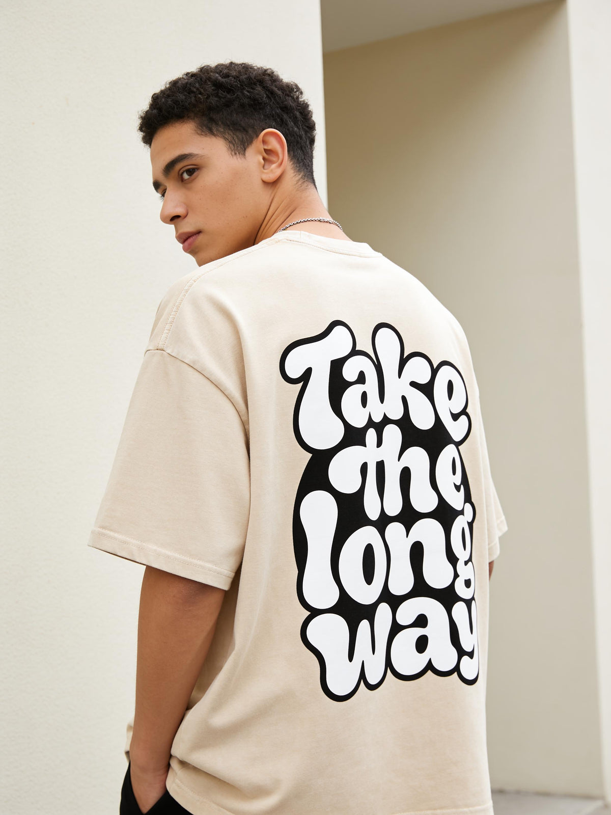 Retro Bubble Text Oversized Tee — Apricot
