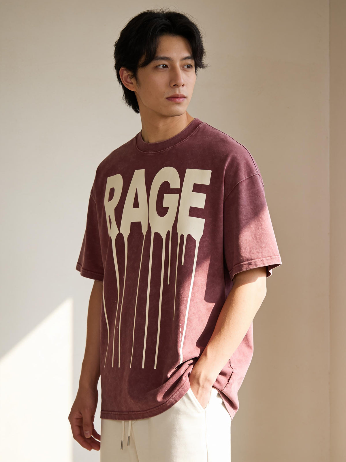 RAGE Drip Oversized Tee — Washed Burgundy