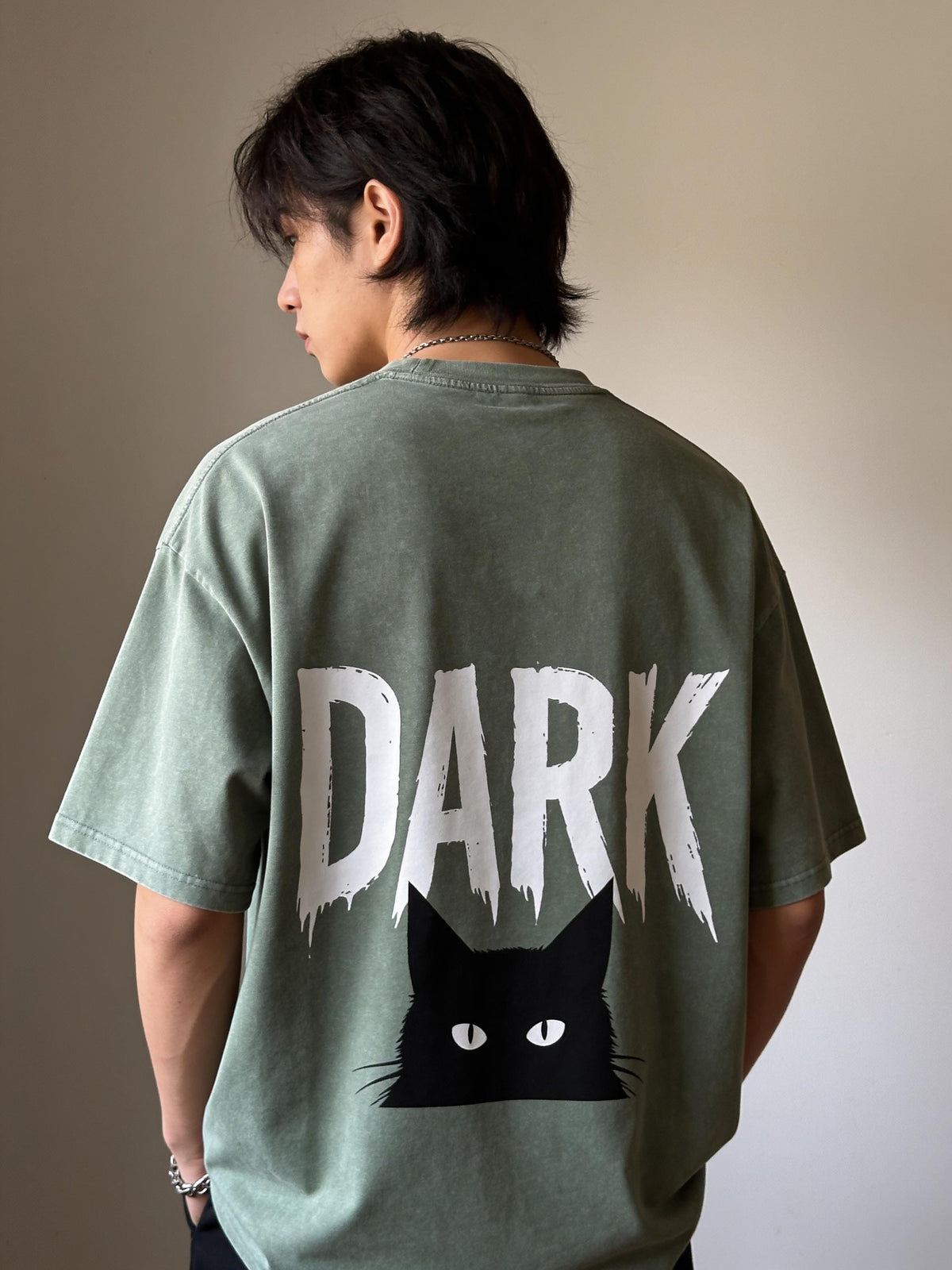 Black Cat Back Print Tee — Bean Green