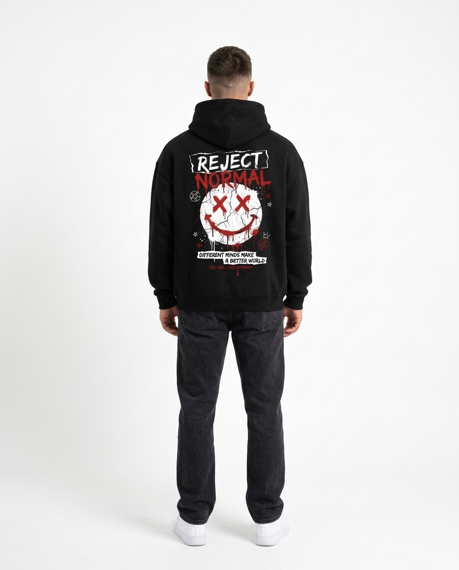 Black heavyweight drop-shoulder hoodie No. 01 back print view on model