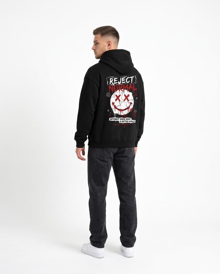 Black heavyweight drop-shoulder hoodie No. 01 back three-quarter view on model