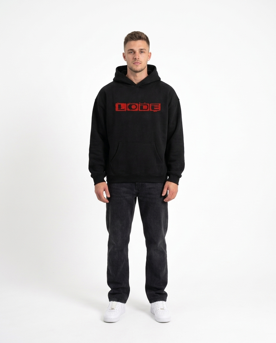 Black heavyweight drop-shoulder hoodie No. 01 front view on model, premium 380 GSM streetwear